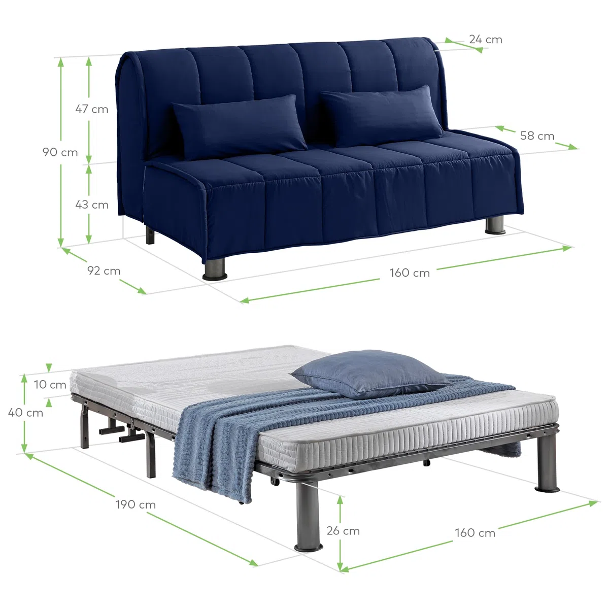 EVERGREENWEB - Divano Letto 3 Posti con Materasso Matrimoniale 160x190 Ortopedico, Prontoletto RICHIUDIBILE con Rivestimento SFODERABILE e Lavabile, Coppia Cuscini SUPERSOFT Abbinati color Blu EVENING