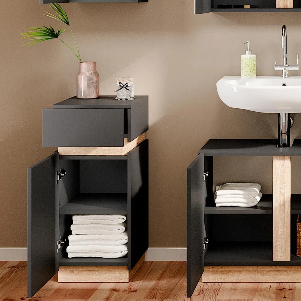 Vicco Mobiletto bagno Gloria, Antracite, 33 x 75.5 cm con anta e cassetto, con apertura per sifone e compatibile con la serie Gloria
