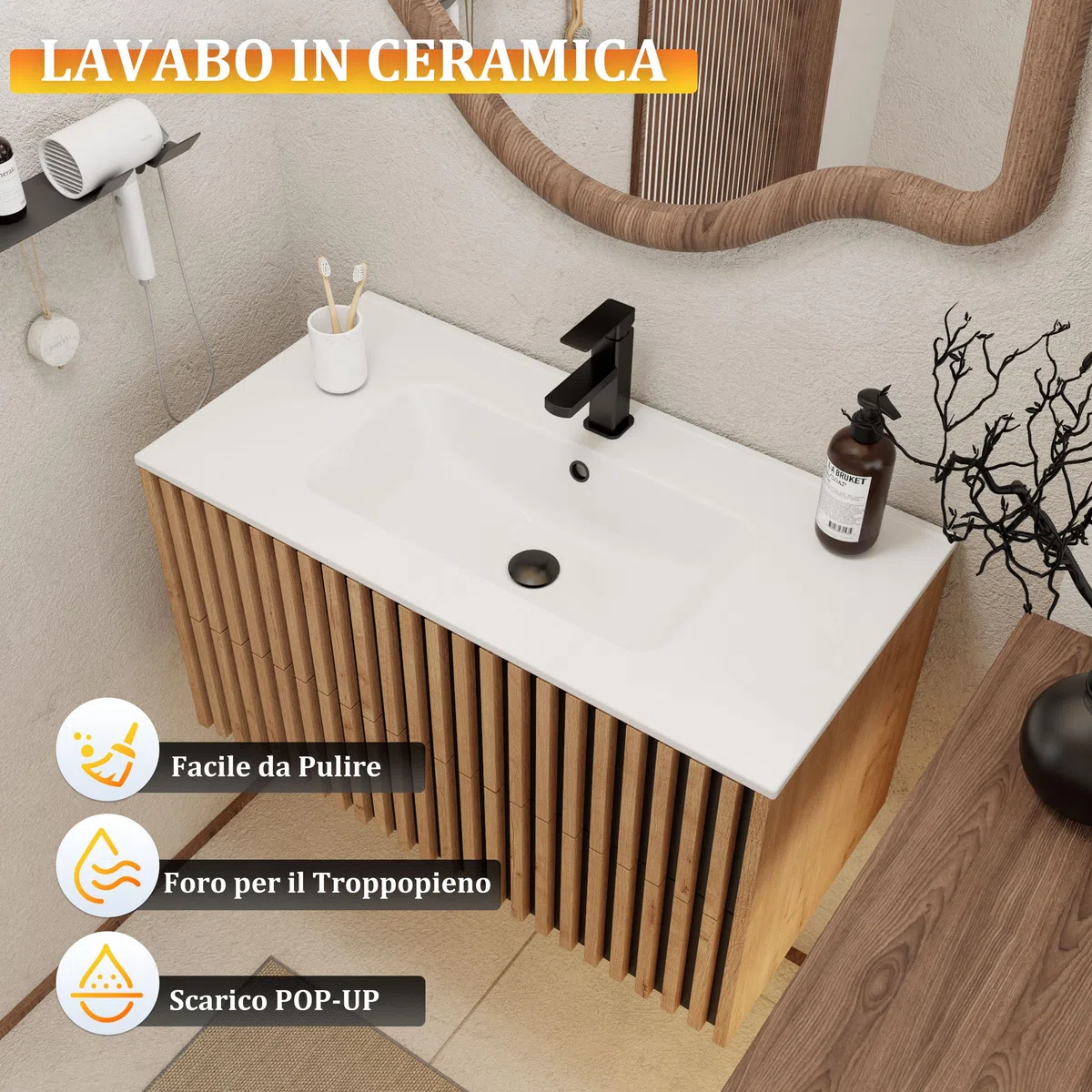 UEV Mobiletto Bagno Sospeso da 90CM con Lavabo in Ceramica, Mobiletti Lavabo Incluso con 2 Cassetti da Archiviazione, Lavadino Bagno con Mobile Moderno e Pratico, Bianco Avorio