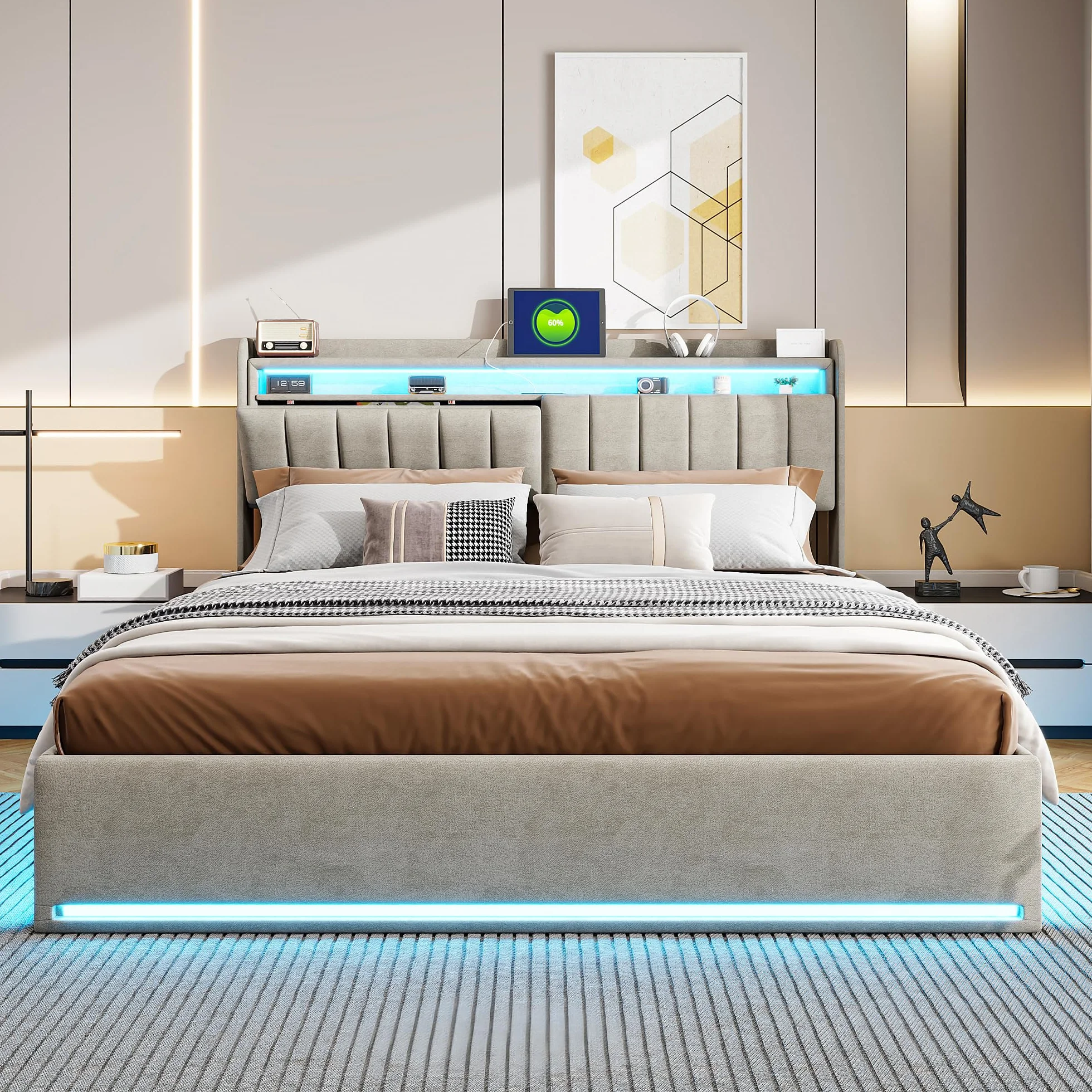 Letto Contenitore Matrimoniale 160x200 cm, Letto con Spazio Idraulico, Testiera Multifunzione con Portaoggetti, Ricarica USB A+C e Luci LED RGB, Velluto, Grigio, Senza materasso