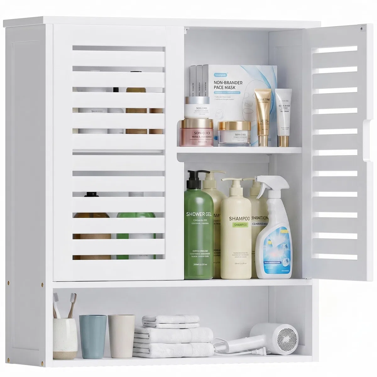 SMIBUY Armadietto da bagno montato a parete, organizzatore di stoccaggio sopra il water in bambù, armadietto medico salvaspazio con 2 porte e ripiani regolabili (Bianco)