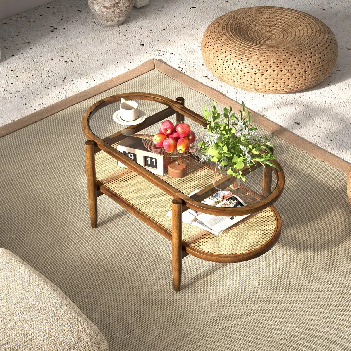 LIFEZEAL Tavolino Salotto, in Legno Massello e Vetro, Tavolino da Caffè, da Soggiorno, Moderno, Basso, Ovale, a 2 Ripiani, con Decorazione in Rattan, Max 90 kg, 102x46x47 cm, Marrone Rustico