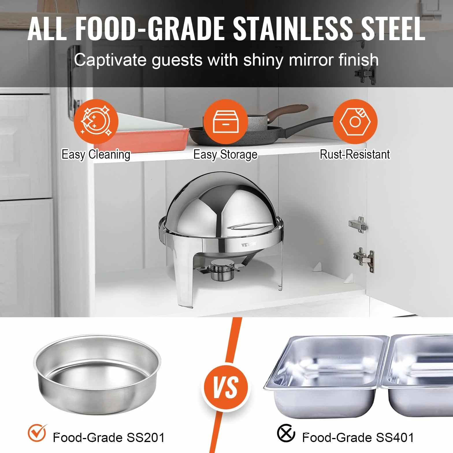 VEVOR Set di Scaldavivande 2 Pezzi in Acciaio Inox per Servizio Buffet Catering Ristorazione Coperchio Arrotolabile Capienza Max. 5,5L, Set di Vassoio di Riscaldamento Scaldavivande Rotonda per Buffet