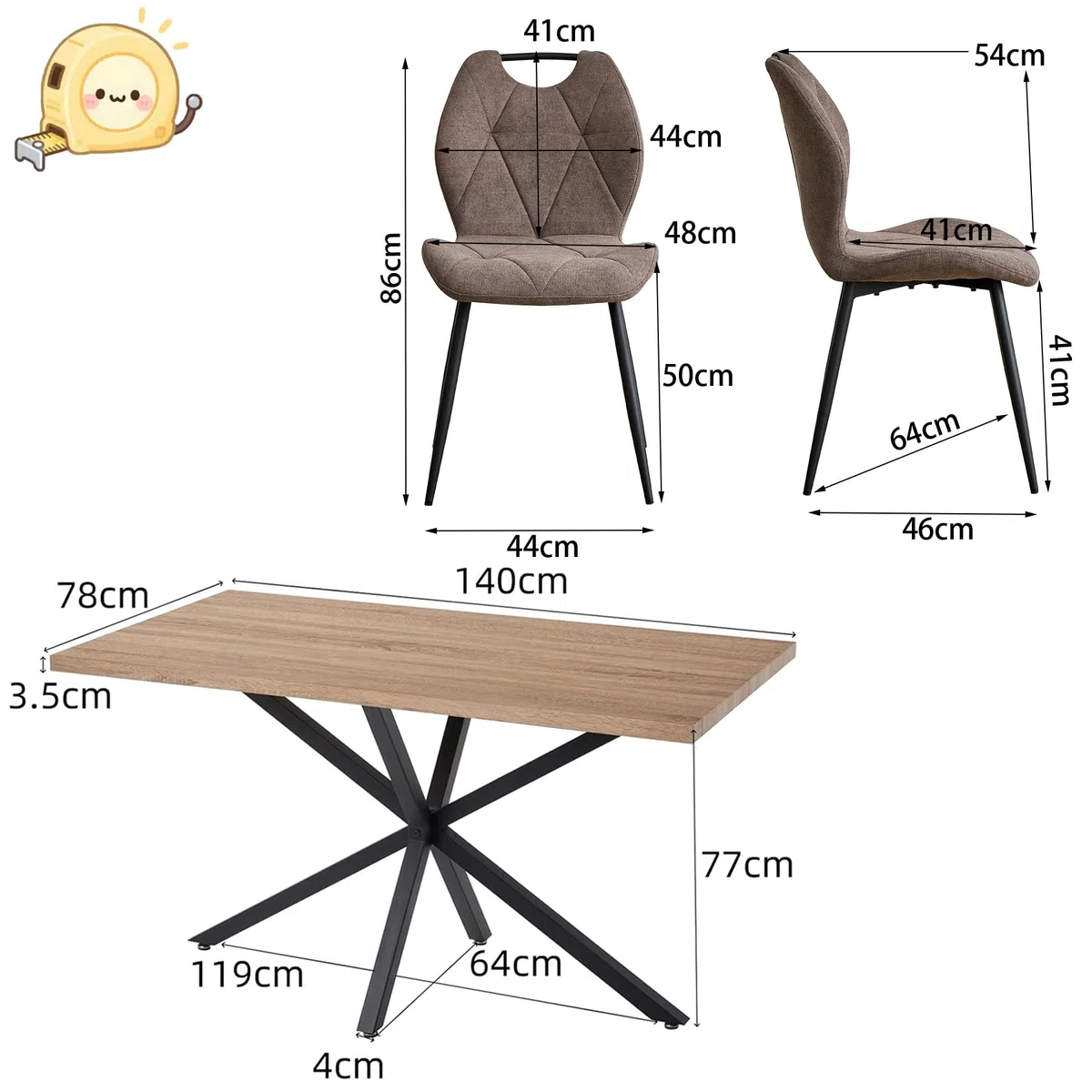 GrandCA HOME Set Tavolo e Sedie da Pranzo da 5 Pezzi, Tavolo Quadrato da 140 cm, 4 Sedia Imbottita in Lino, Adatto per Cucine, Sale da Pranzo e Soggiorni (Legno Chiaro + Marrone)