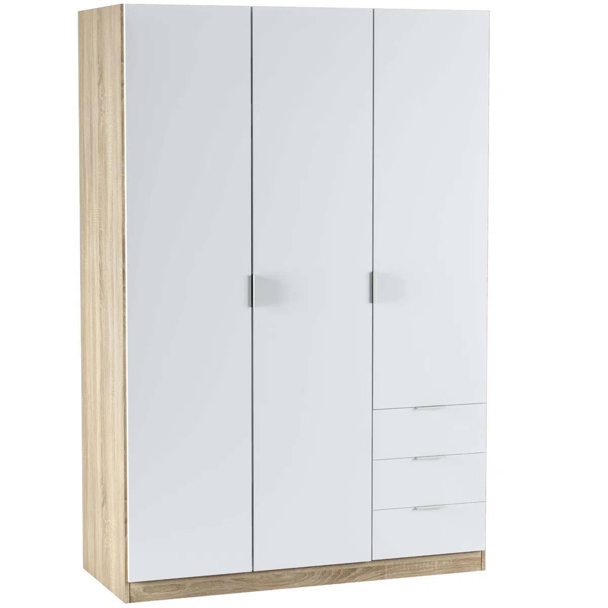 Armadio con tre ante e tre cassetti, finitura rovere canadese/bianco, dimensioni 121 cm (L) x 180 cm (A) x 52 cm (P)