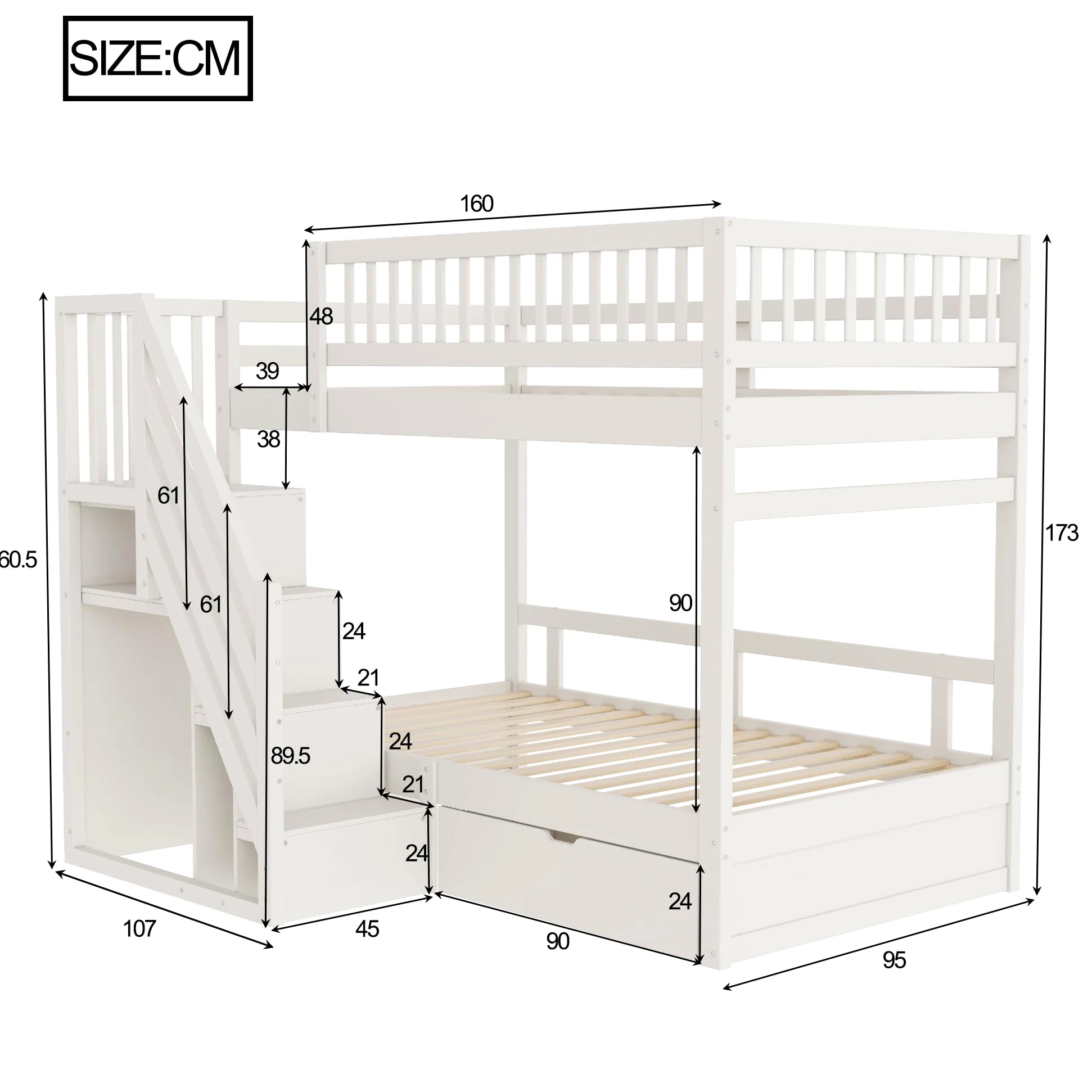 Letto a castello 90x200, letto per bambini con scala e armadio, letto a soppalco con cassetti, rete a doghe in legno, bianco, senza materasso