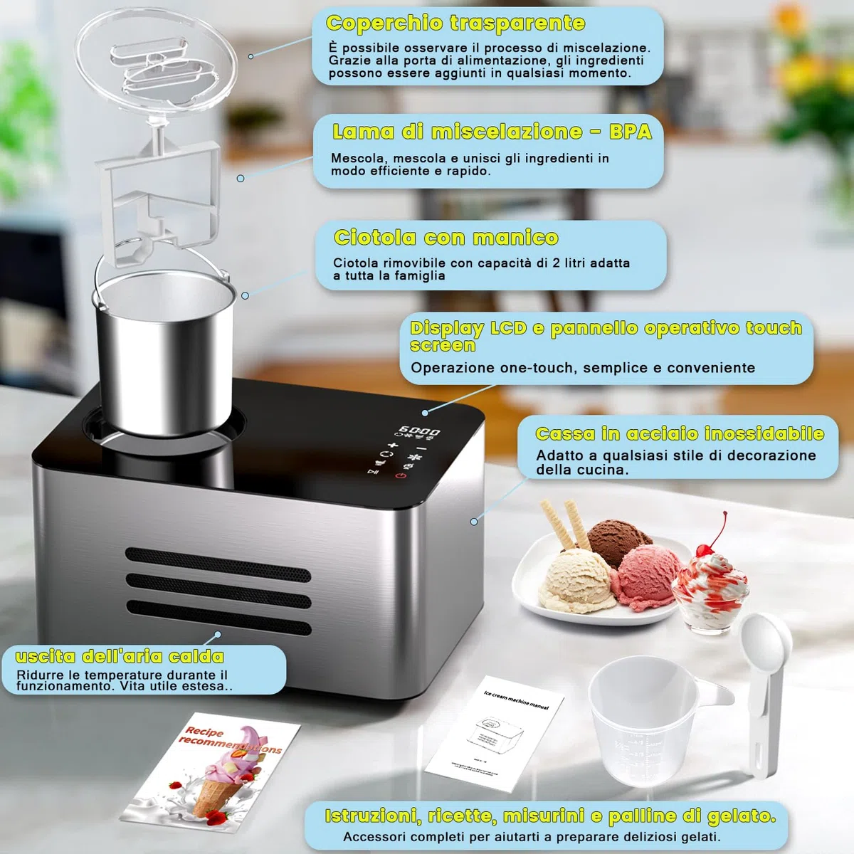 Vpcok Direct Gelatiera 2L con Compressore Macchina per Gelato 150 w Display LED Touch Timer regolabile Gelatiera Autorefrigerante Professionale Cestello Antiaderente per Creme Gelato