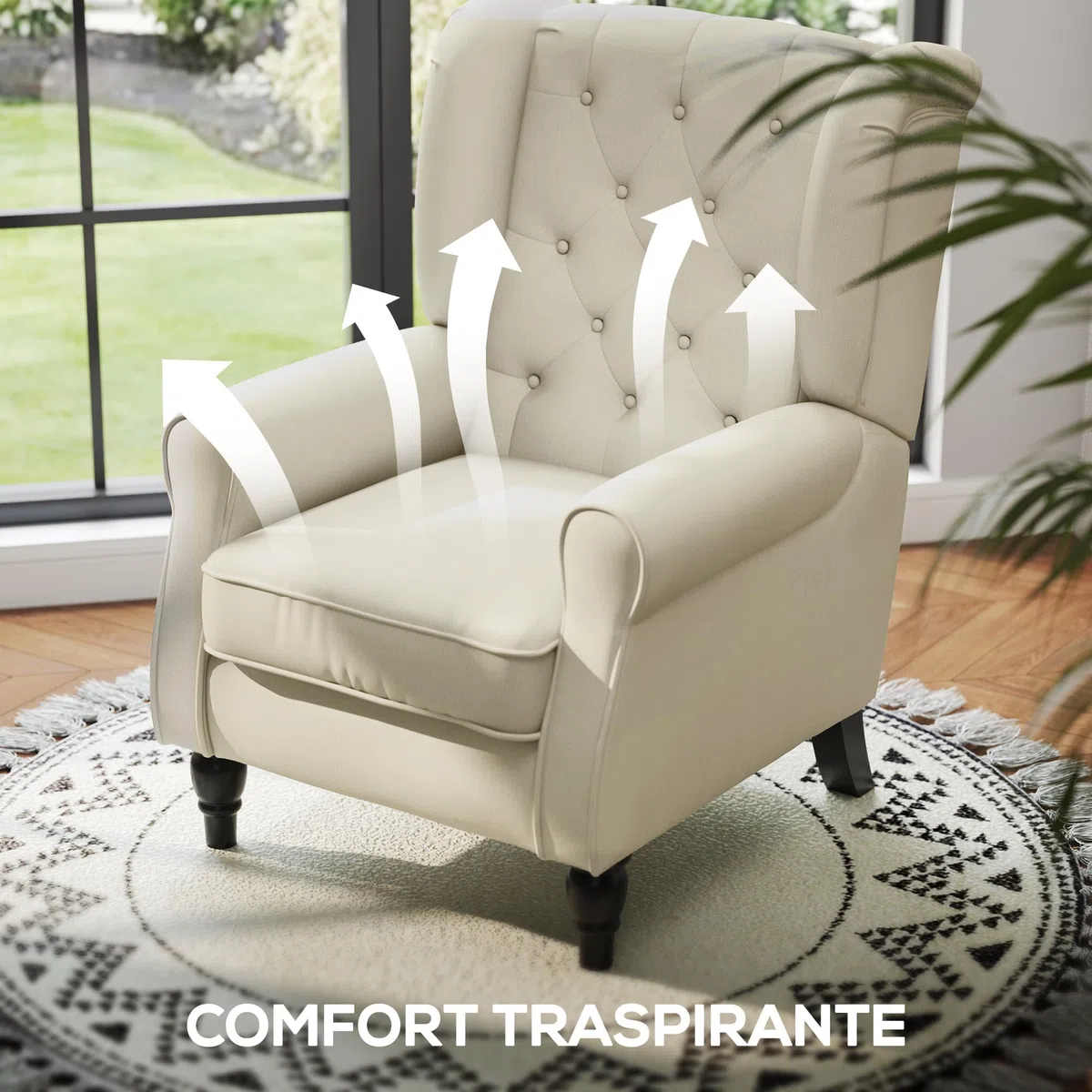 HOMCOM Poltrona per Salotto in Stile Francese con Ampia Seduta, Poltroncina in Tessuto con Gambe in Legno e Cuscino, 74x86x102 cm, Bianco