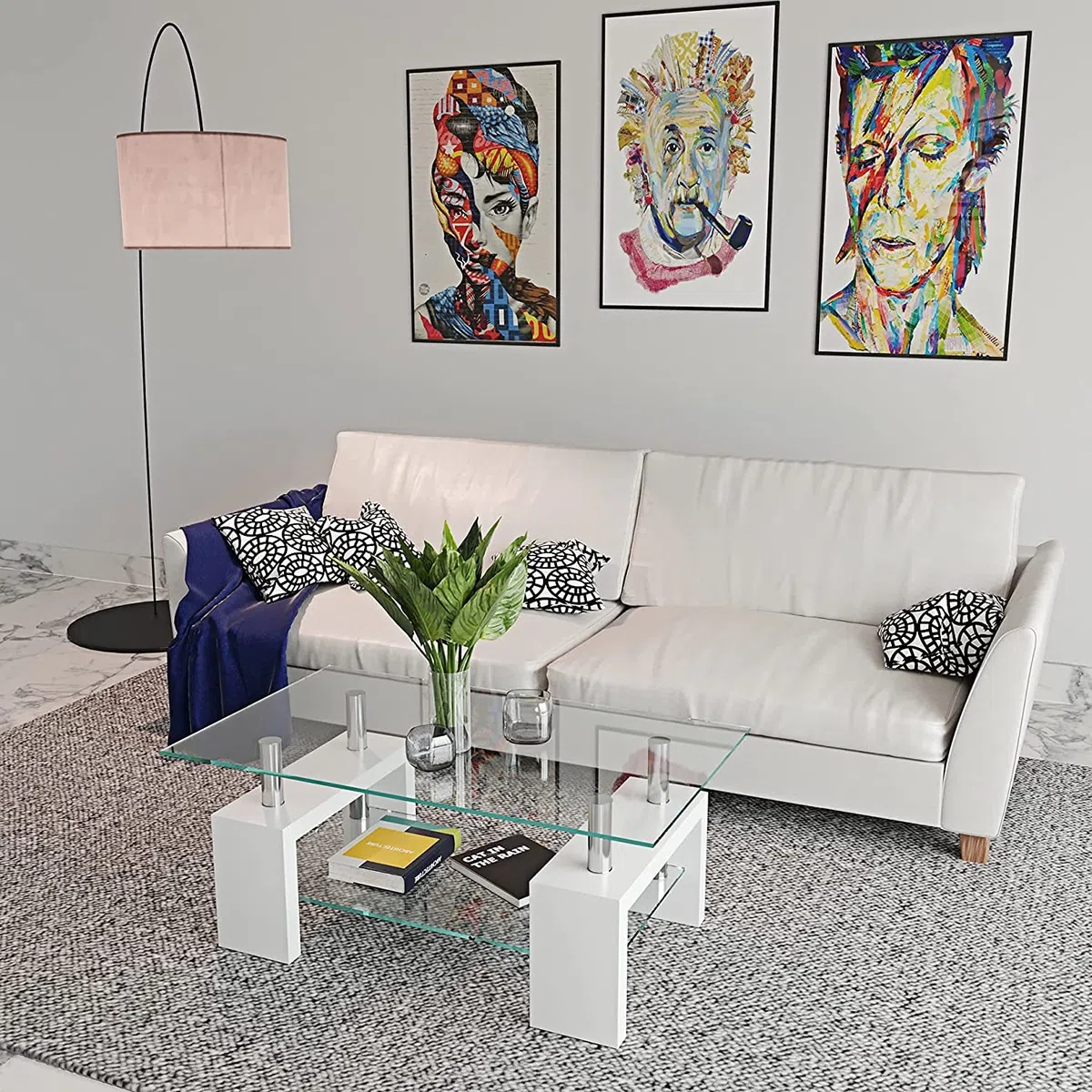 Tavolino Basso Rettangolare Salotto In Vetro Temperato E Legno MDF Per Soggiorno Salone Sala Da Pranzo Tavolo Da Caffè Con Ripiano Moderno Ed Elegante Indianapolis 100 x 60 x 45 cm (Bianco)