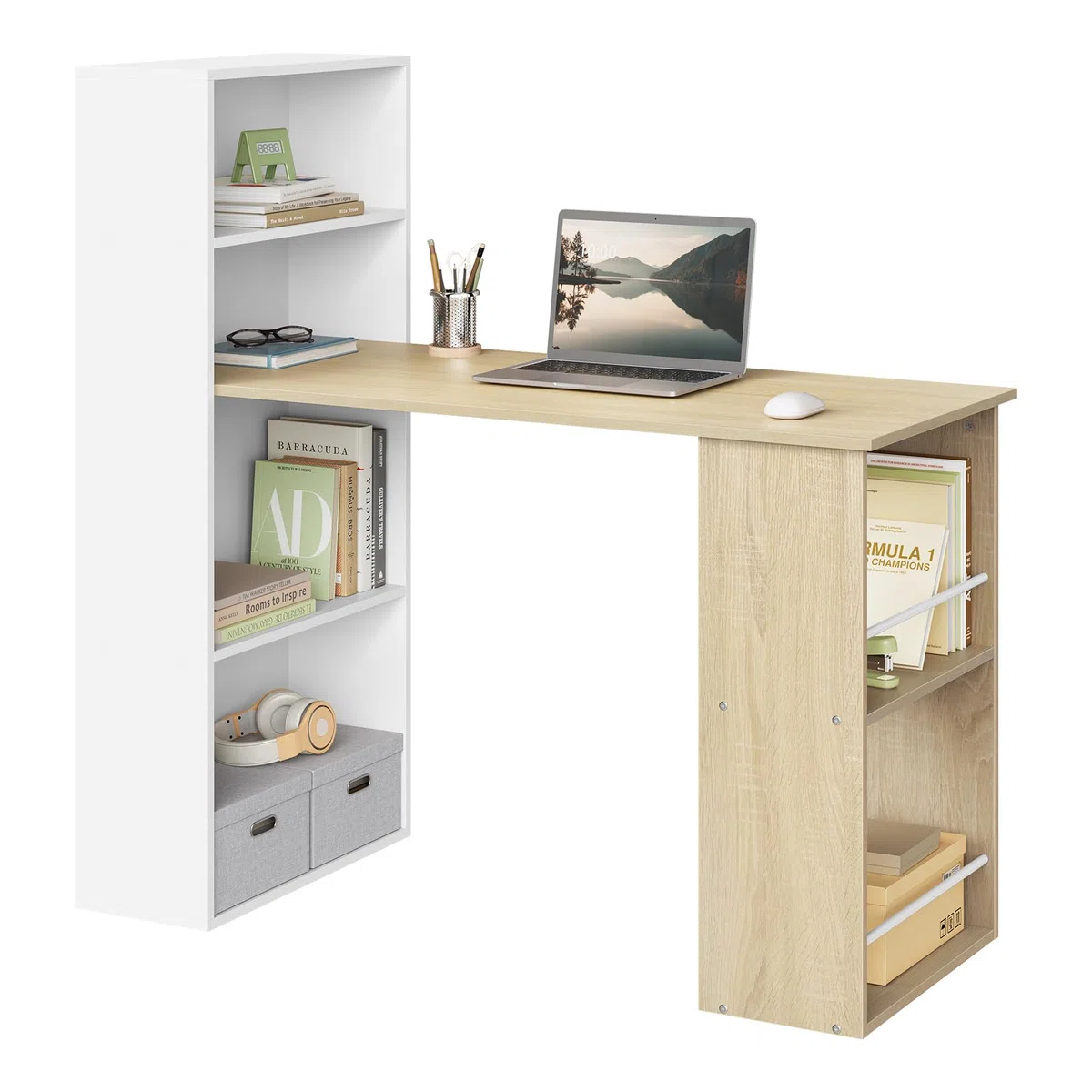 eSituro Scrivania Ufficio Compatta con Libreria Integrata - Design Salvaspazio per Studio/Camera, 120x55x122 cm, Bianco Lucido e Rovere Naturale