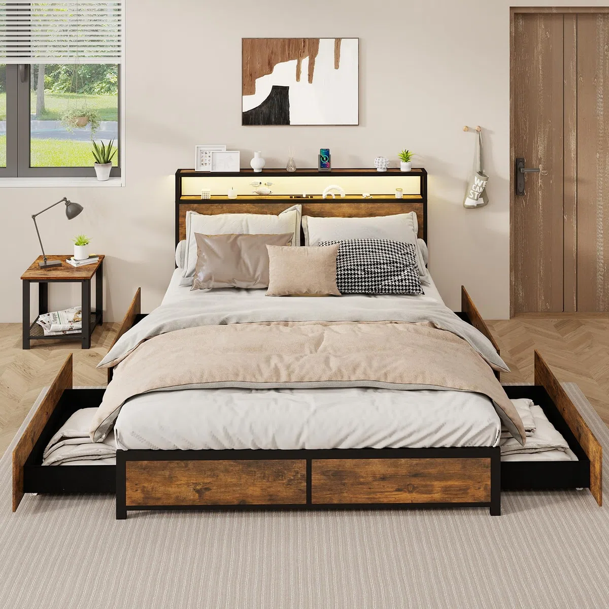 COSTWAY Letto Matrimoniale 160x200 cm, con 4 Cassetti e Testiera, Struttura Letto con Luci LED Regolabile e Presa Multipla, Carico Massimo 300kg, Silenzioso