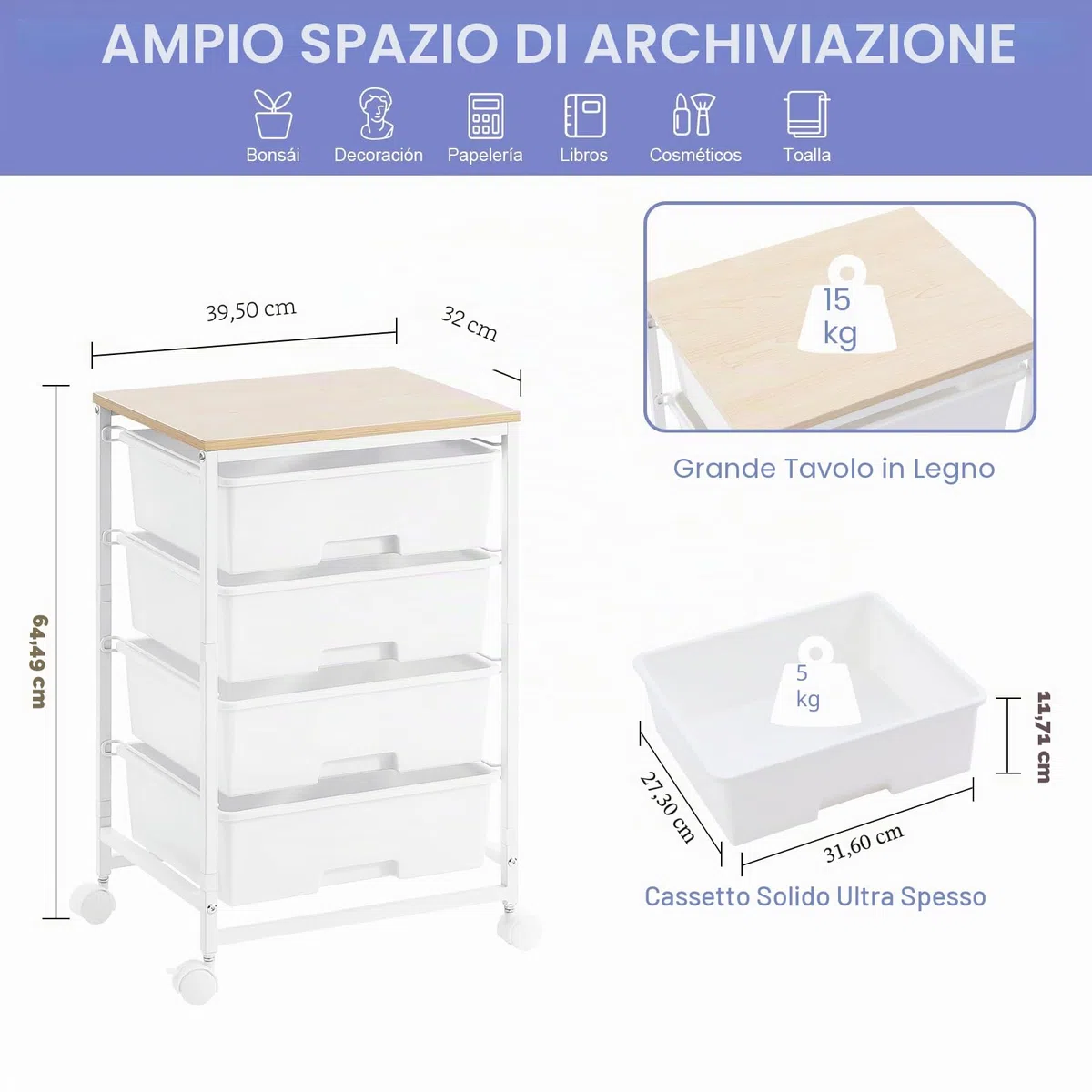 SYKIARIOL Carrello portaoggetti a 4 cassetti su ruote con piano tavolo in legno, per cucina, soggiorno, camera da letto, movimento semplice, grande capacità, 4 cassetti, bianco