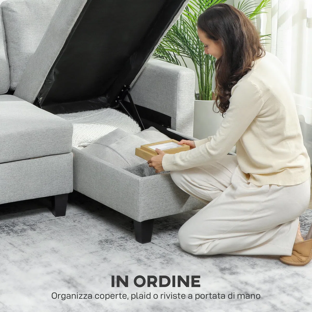 HOMCOM Divano Letto 3 Posti con Chaise Longue Convertibile, Divano Angolare con Vano Portaoggetti, Cuscini Sfoderabili in Tessuto Effetto Lino, per Soggiorno Salotto, 197x129x85 cm, Grigio Chiaro
