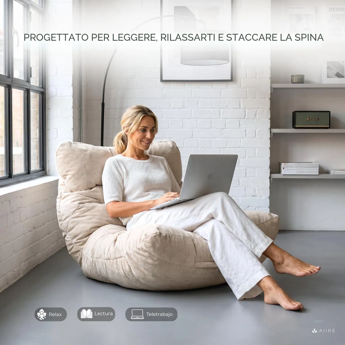 Aiire Pouf Poltrona Sacco di Design - Puff per Sedersi in Cotone con Imbottitura Inclusa - Bean Bag Chair per Salotto, Camera da Letto o Lettura - Pouffe Moderno Beige