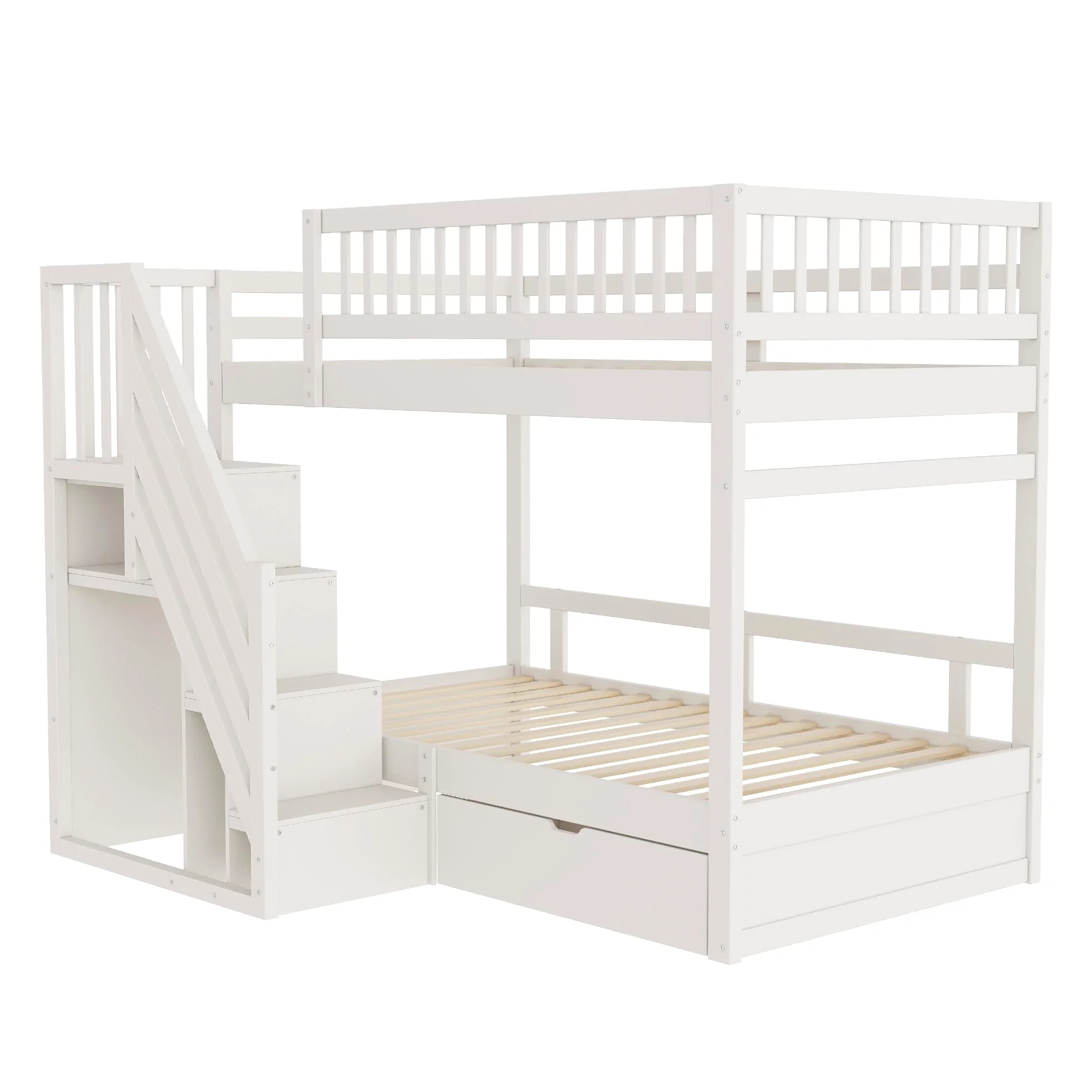 Letto a castello 90x200, letto per bambini con scala e armadio, letto a soppalco con cassetti, rete a doghe in legno, bianco, senza materasso