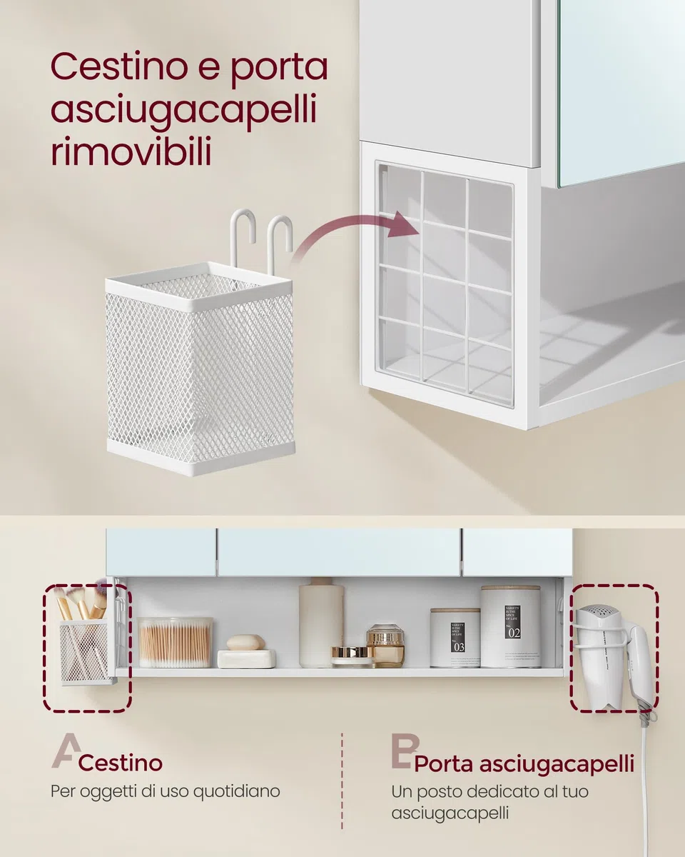 VASAGLE Mobile da Bagno con Illuminazione LED, 16,5 x 70 x 75 cm, Cestino Sospeso, Supporto per Asciugacapelli, per Lavabo, Bianco Nuvola BBK126W01
