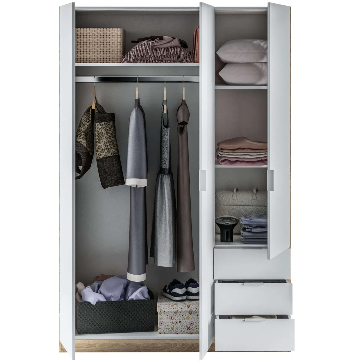 Armadio con tre ante e tre cassetti, finitura rovere canadese/bianco, dimensioni 121 cm (L) x 180 cm (A) x 52 cm (P)