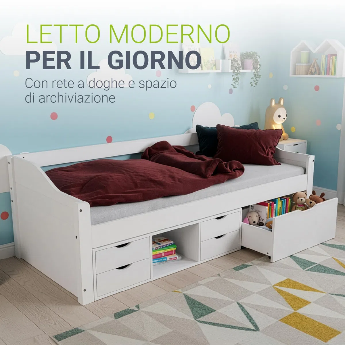 Juskys Letto per bambini 90x200 con cassetti e rete a doghe – letto in legno massiccio di pino con contenitore – letto singolo per bambina e bambino – bianco