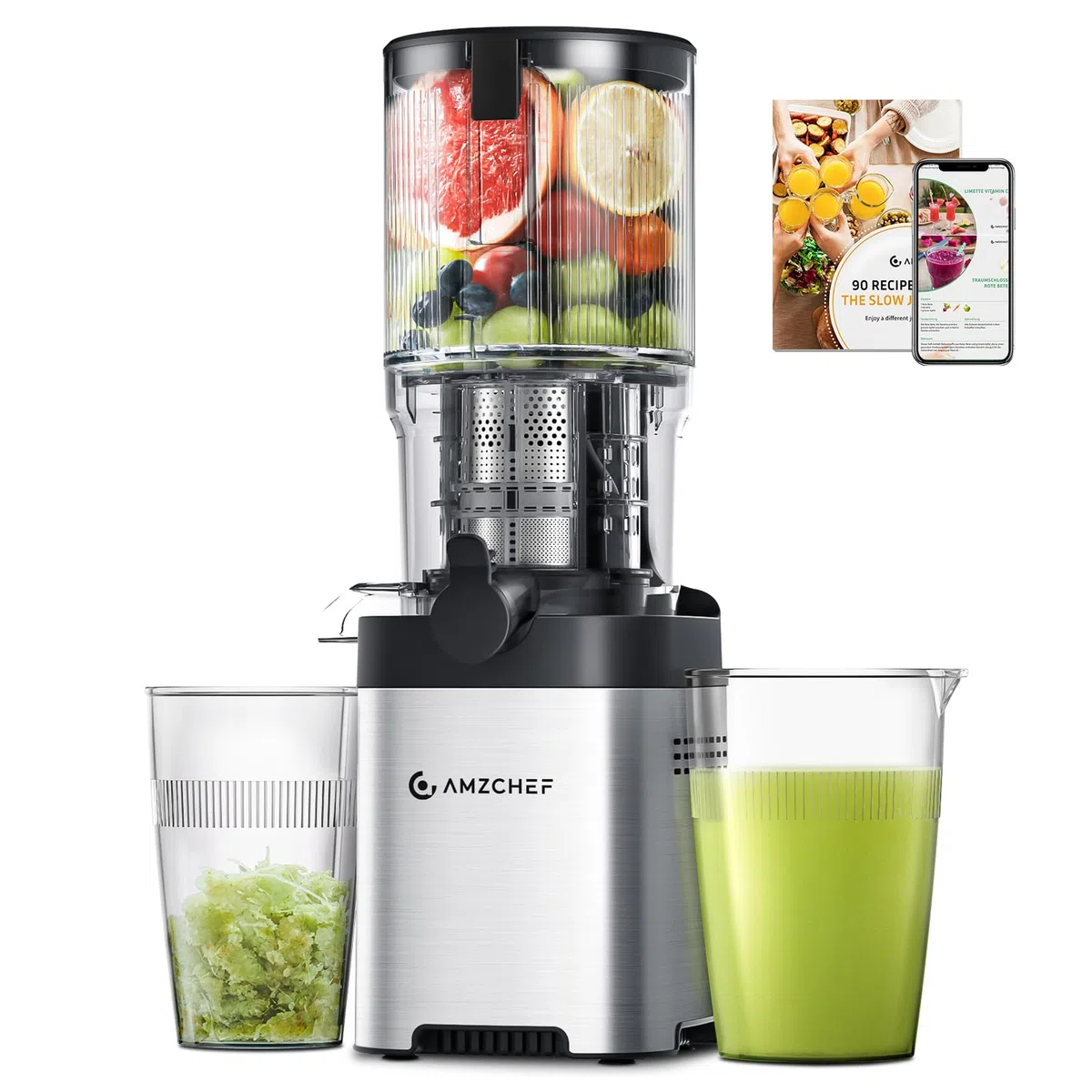 AMZCHEF Spremiagrumi – Slow Juicer con larghezza 135 mm e tubo di alimentazione più grande per verdure e frutta intere – Spremiagrumi facile da pulire con 2 bicchieri, argento