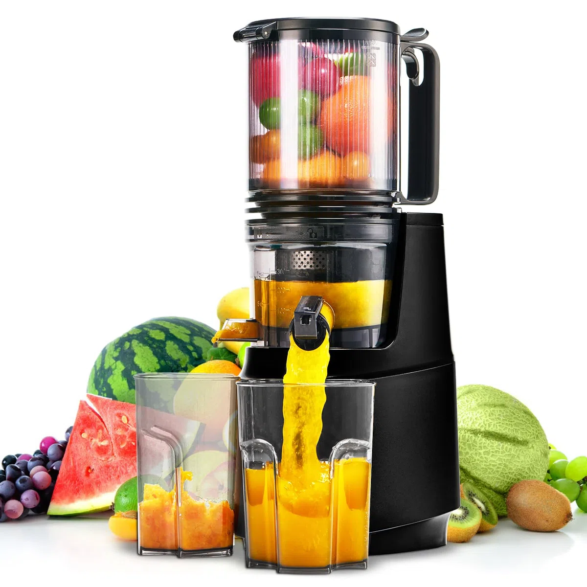 MAISON HUIS Estrattore Frutta e Verdura, Slow Juicer con 13,5cm Extra Grande Contenitore per Frutta e Verdura Intera, Facile da Pulire (Noir)