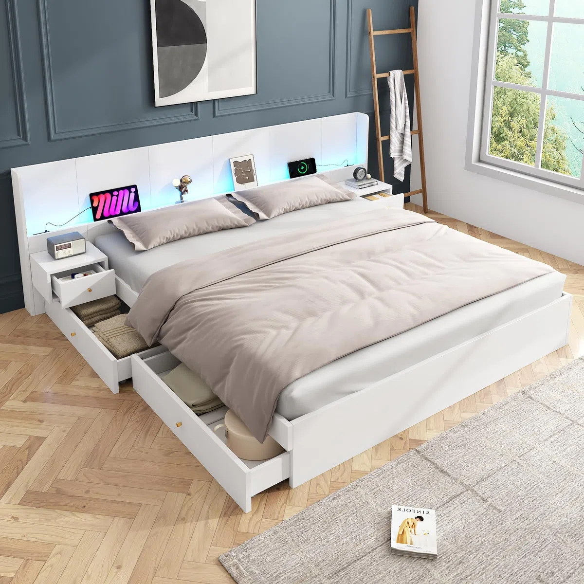 Letto 180x200 con contenitore, letto in legno con contenitore con 2 cassetti, testiera con comodino, LE/D e US/B, letto matrimoniale moderno con rete a doghe, bianco
