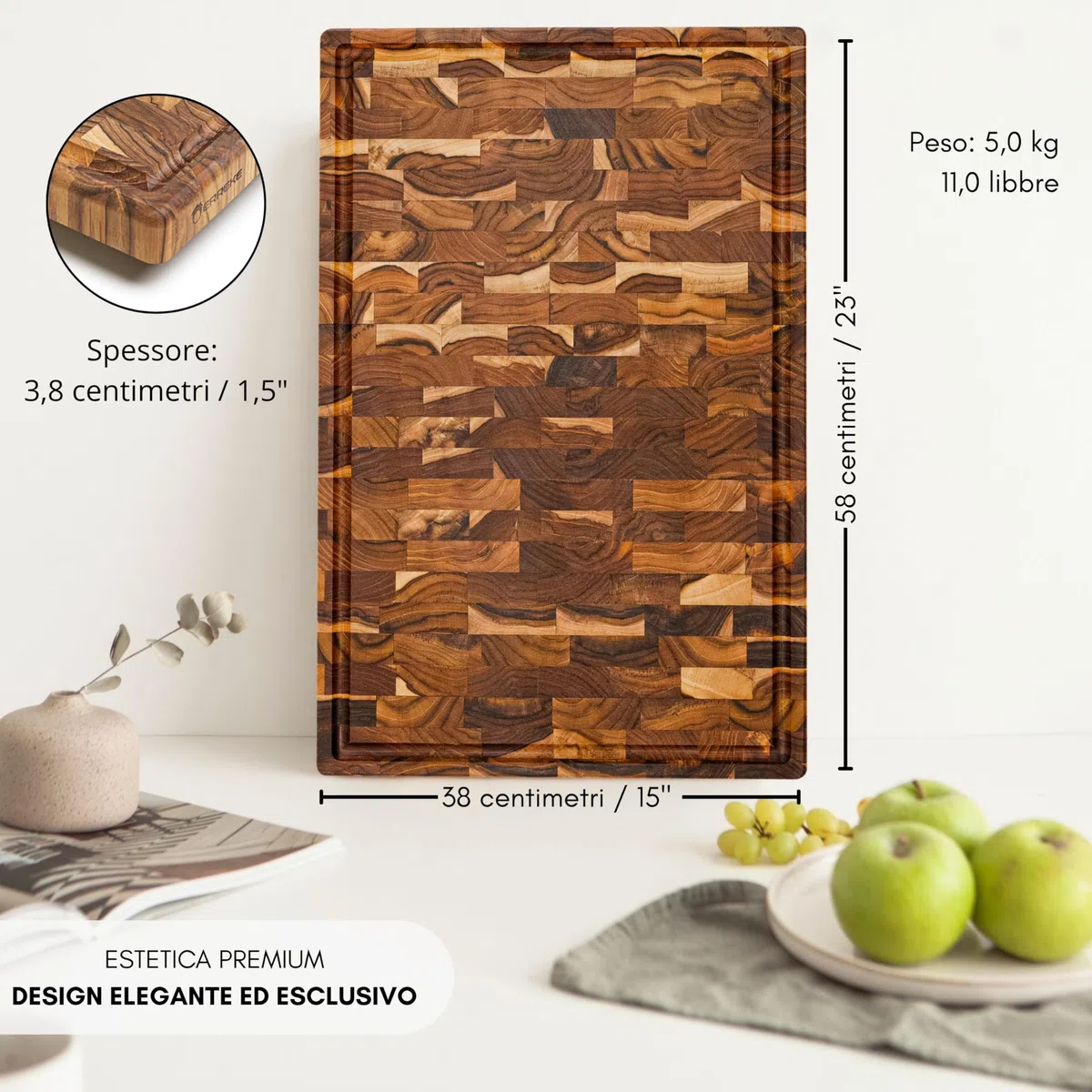 Erreke Tagliere da Cucina in Legno di Teak Naturale, 58x38x3,8 cm, End Grain XXL con Scanalatura Raccogli-Succhi, Piedini Antiscivolo e Manici, Tagliere Legno Cucina