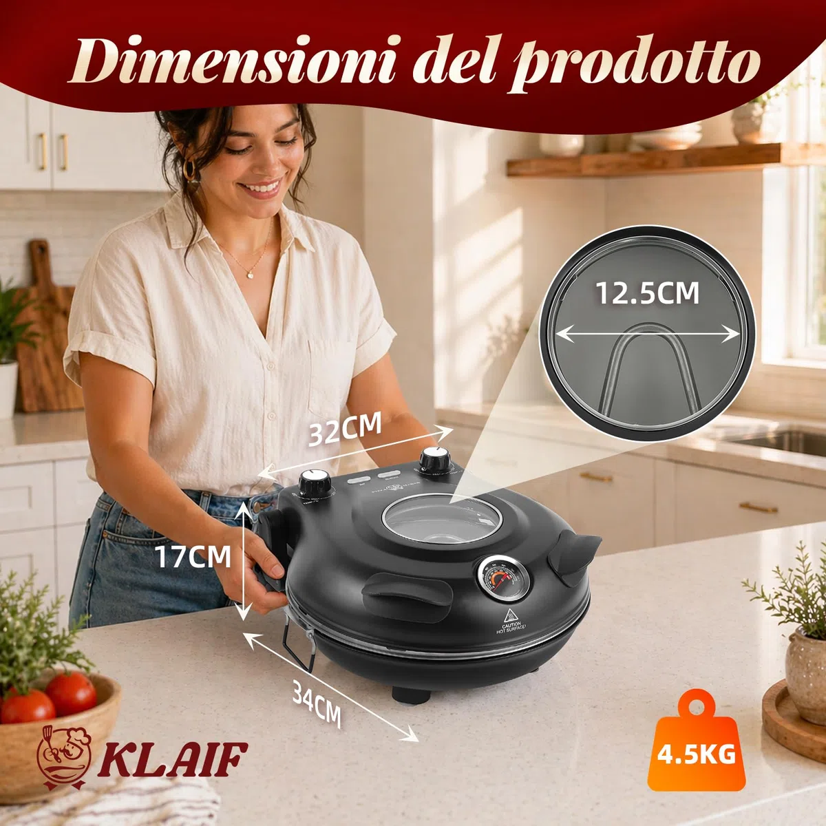KLAIF Forno elettrico per pizza da banco con pietra in ceramica da 31 cm, due controlli di temperatura regolabili, inclusi 4 utensili per pizza, LMC-Nero