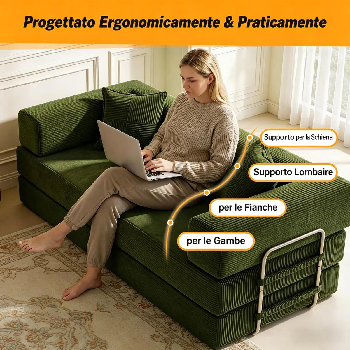 Vipbear Divano disossato, divano a 3 posti in velluto a coste 200 cm, letto pieghevole 5 in 1 convertibile con 2 cuscini in memory foam per camera da letto, verde | Cabrio