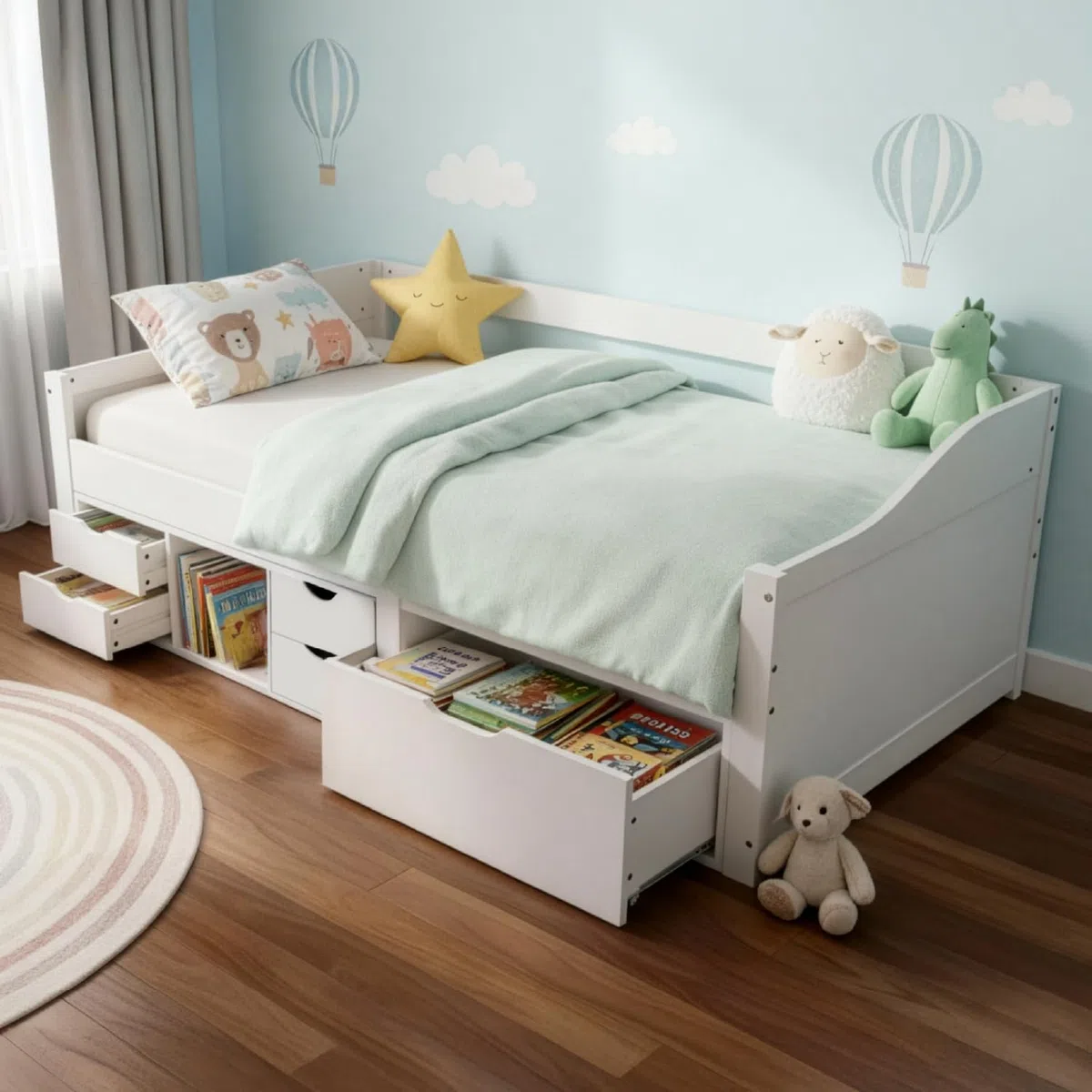 Juskys Letto per bambini 90x200 con cassetti e rete a doghe – letto in legno massiccio di pino con contenitore – letto singolo per bambina e bambino – bianco
