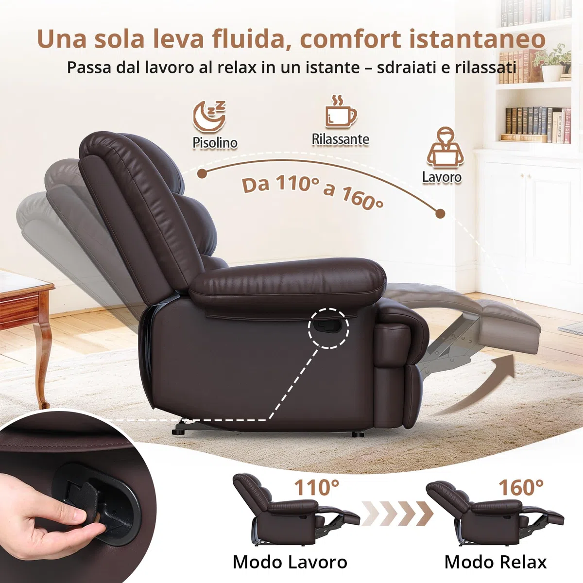 Hamoldy Poltrona Reclinabile Ergonomica Relax, Sedia Confortevole per Anziani adatta a Soggiorno, Camera da Letto e Cameretta Infantile Marrone