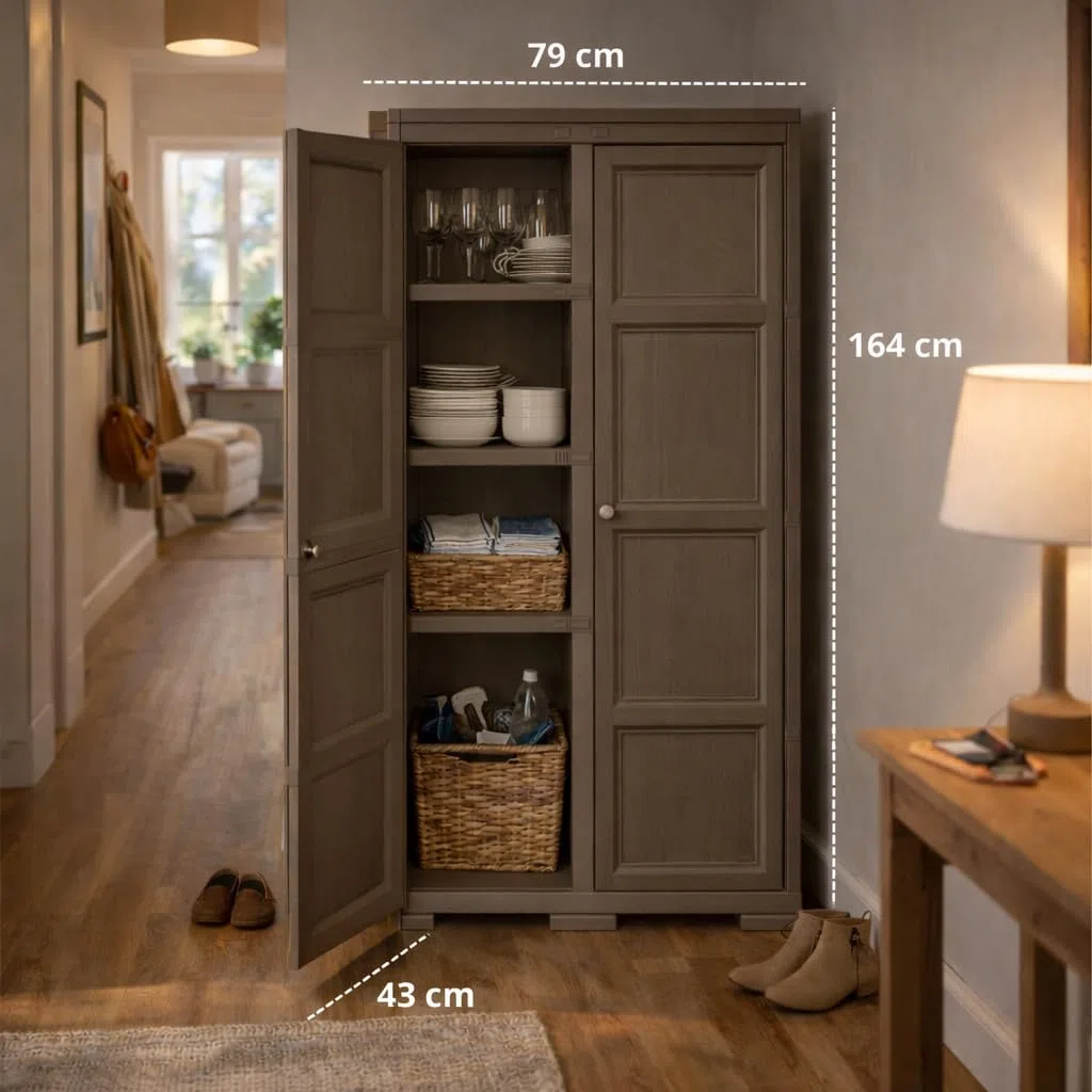 Armadio Multiuso in Plastica 2 Ante con 4 Scomparti e Vano Portascopa, Mobile Alto Organizzazione Casa per Lavanderia, Ingresso e Ripostiglio, 79x43x164 cm (Wengé)