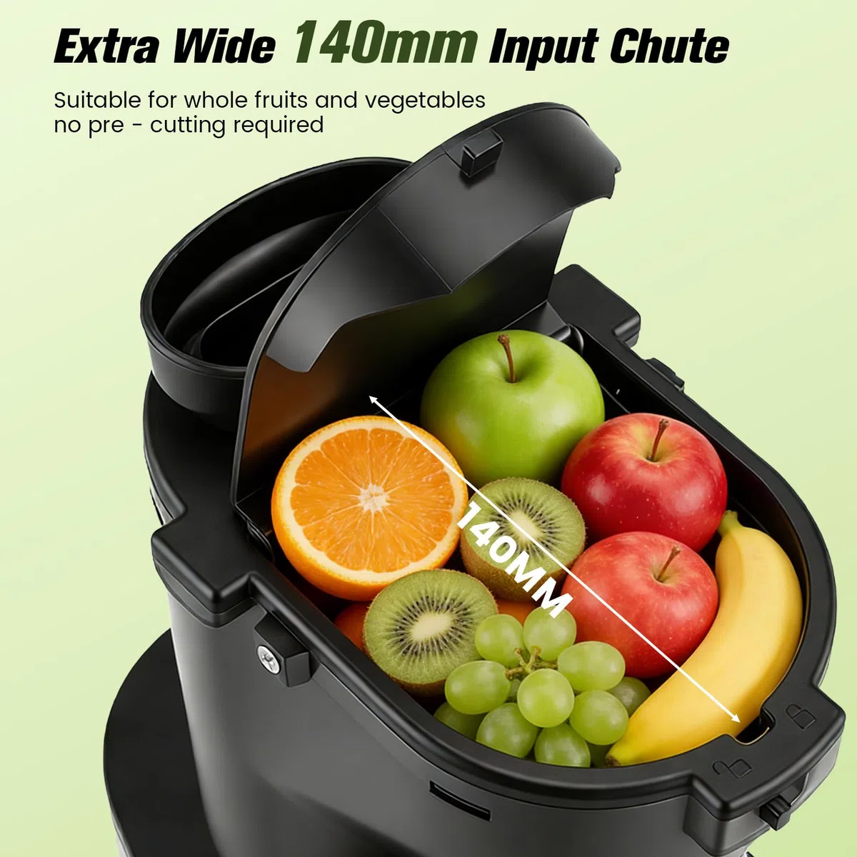Estrattore Frutta e Verdura a Freddo, Grande Imboccatura 140 mm, Slow Juicer 400W con 3 velocità e Funzione Inversa, Estrattore di Succo con Separazione Polpa e Succo, Regolazione umidità