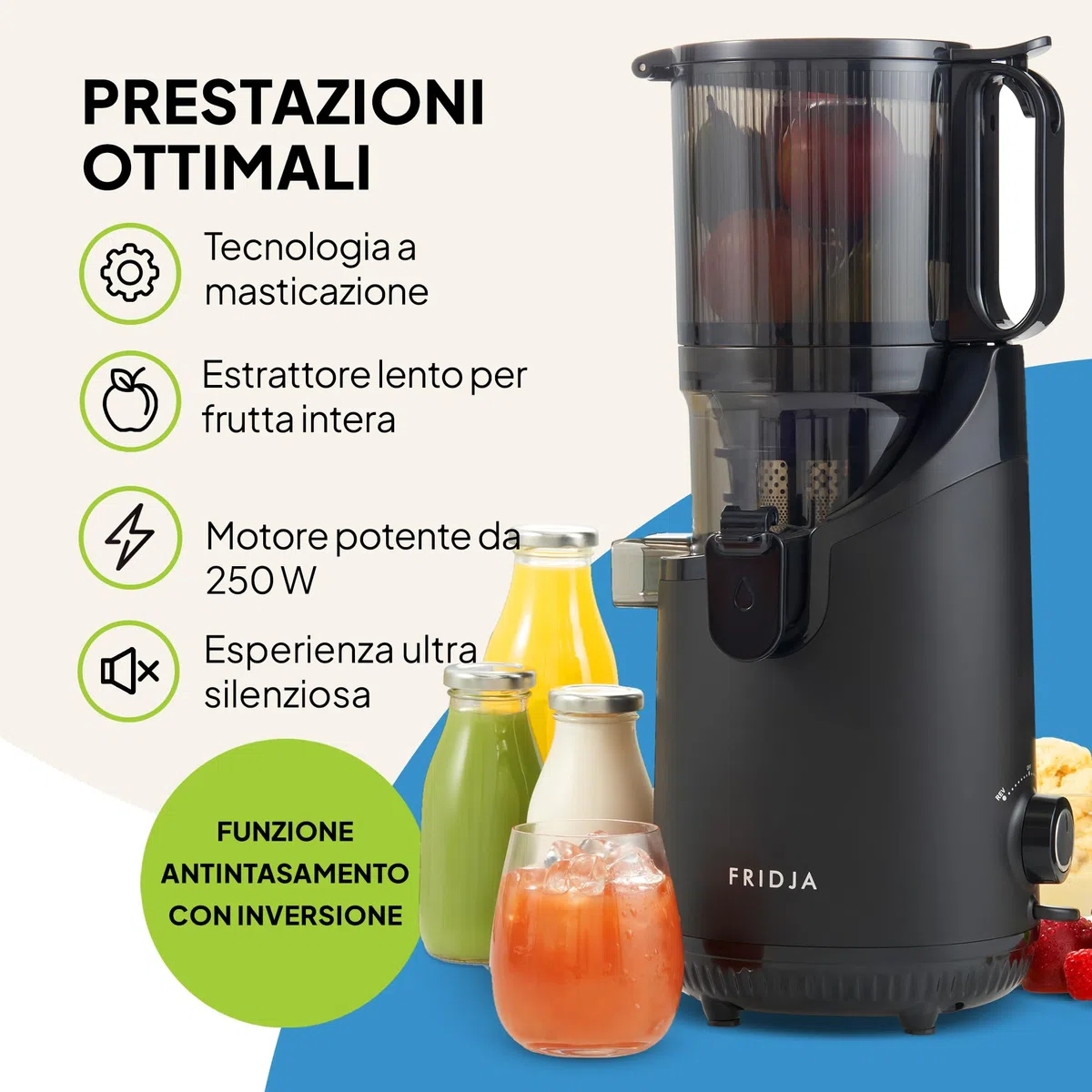 Fridja f2500 Estrattore di Succo ad Alimentazione Automatica | Bocca di Carico 135mm Frutta Intera | Estrattore a Freddo 250W | Alta Resa | Facile da Pulire | Senza BPA | Nero Opaco