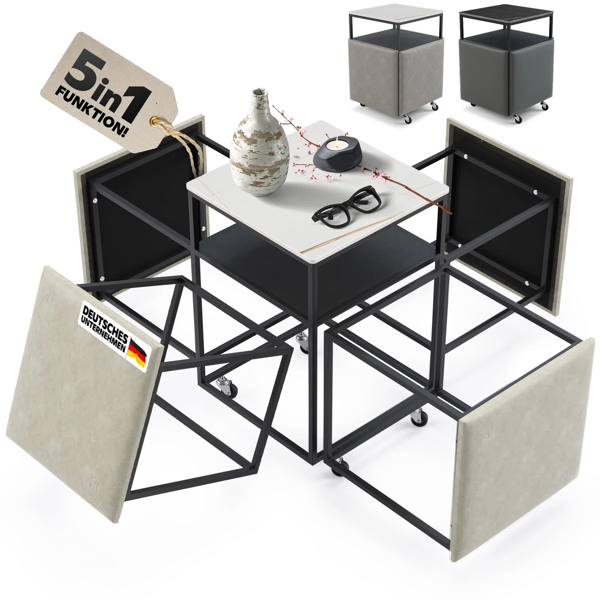 4 sgabelli con tavolino – Risparmia spazio 5 in 1 cubo grigio/bianco per soggiorno, sala da pranzo, camera degli ospiti