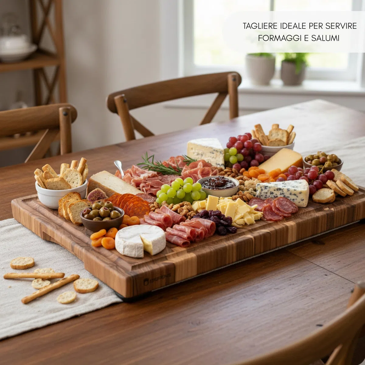 Erreke Tagliere da Cucina in Legno di Teak Naturale, 58x38x3,8 cm, End Grain XXL con Scanalatura Raccogli-Succhi, Piedini Antiscivolo e Manici, Tagliere Legno Cucina